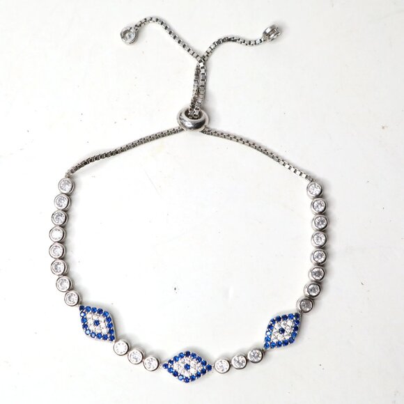 Adjustable Evil Eye Charm Bracelet Silver Tone Blue Rhinestone Dainty Protection - Picture 8 of 8